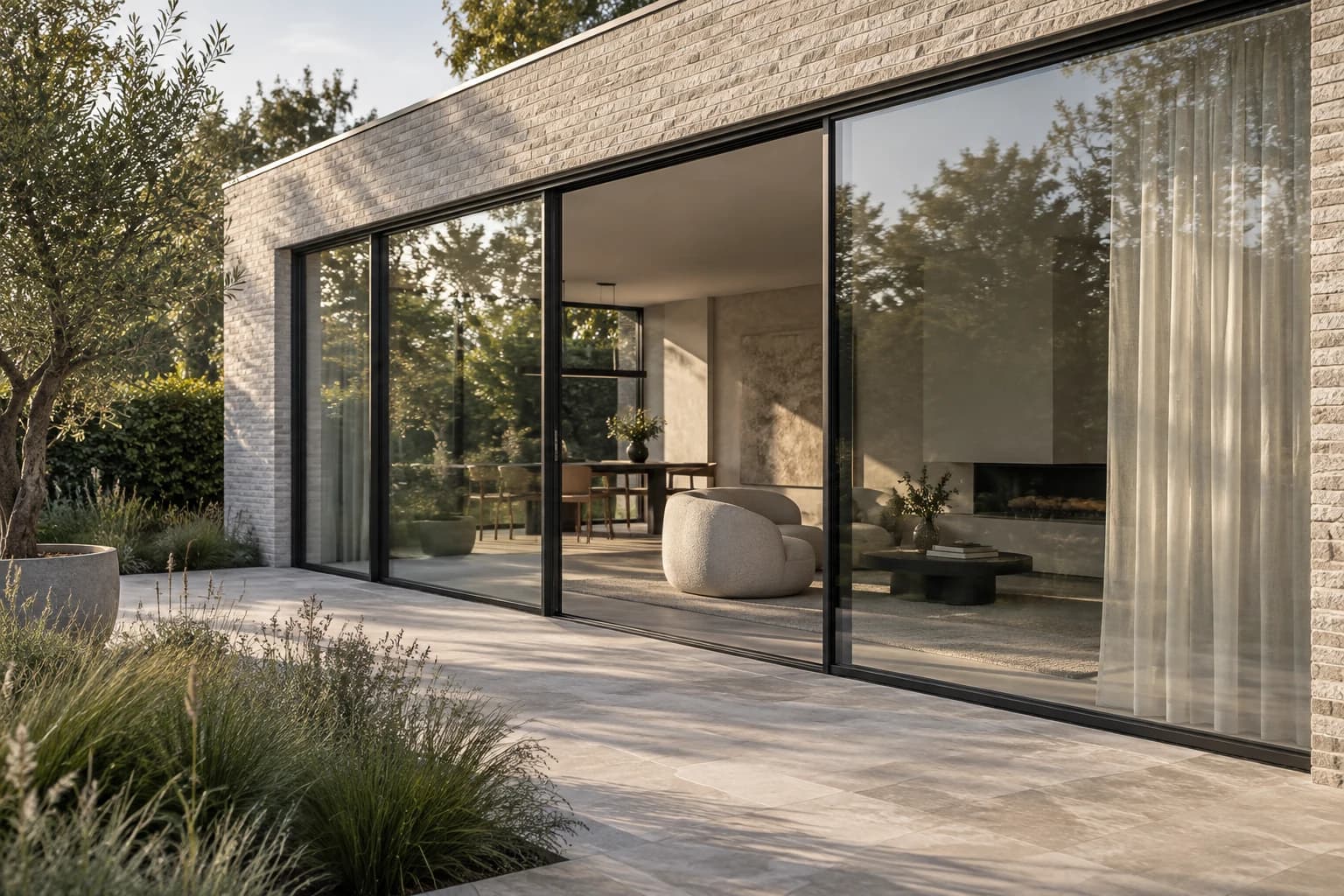 Sfeerimpressie van slanke antraciet aluminium schuifpuien in een moderne woning aan een terras